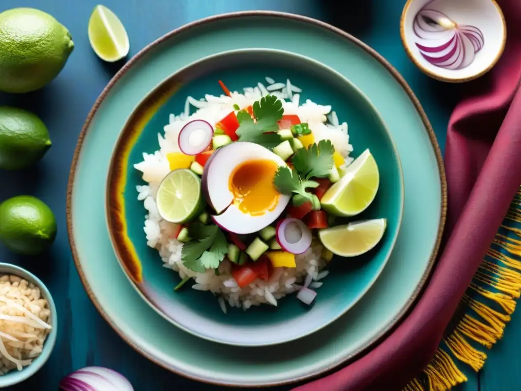 Presentación equilibrada de comida peruana: ceviche en plato rústico con limón, cebolla y cilantro, en mercado colorido