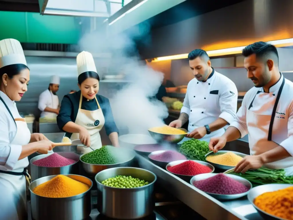 Un equipo de chefs diverso preparando platos peruanos en Mercado 28, Miraflores