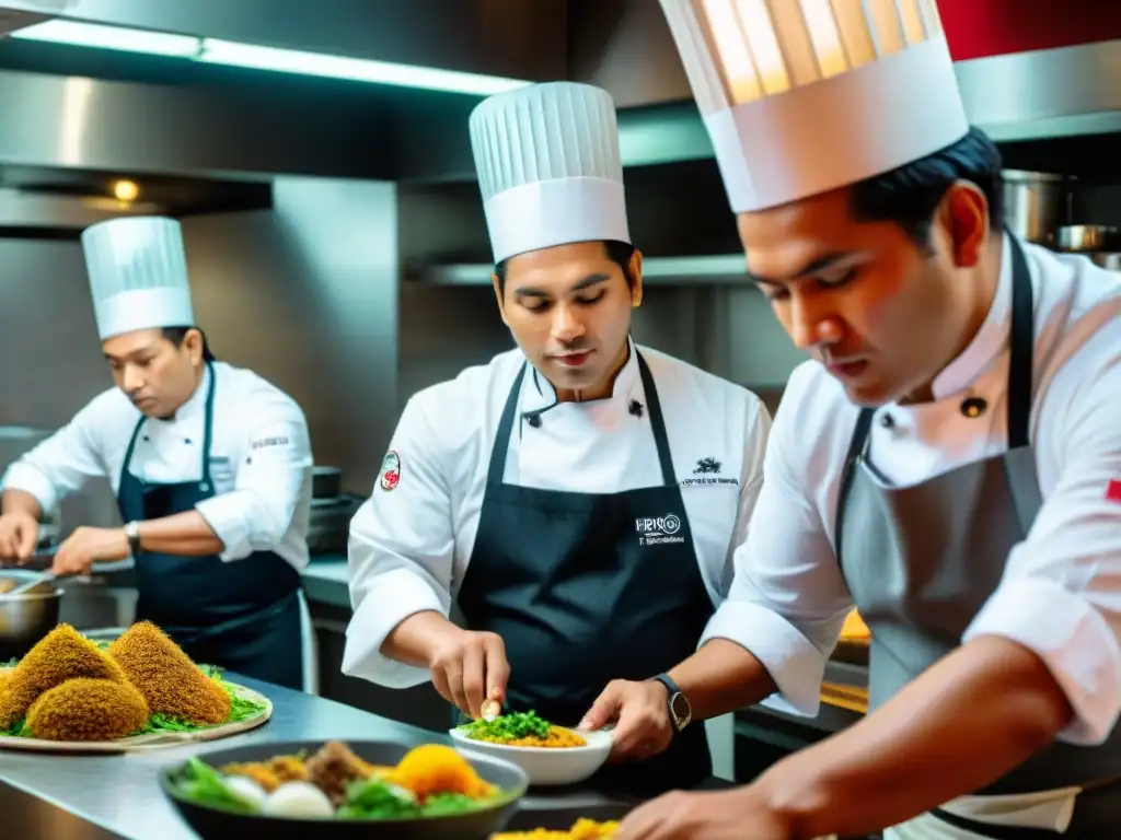 Un equipo de chefs peruanos expertos preparando platos tradicionales sofisticados con un toque moderno