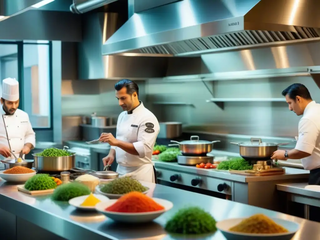 Un equipo de chefs prepara plato de fusión Italoperuana en cocina de alto nivel, con ingredientes frescos y coloridos