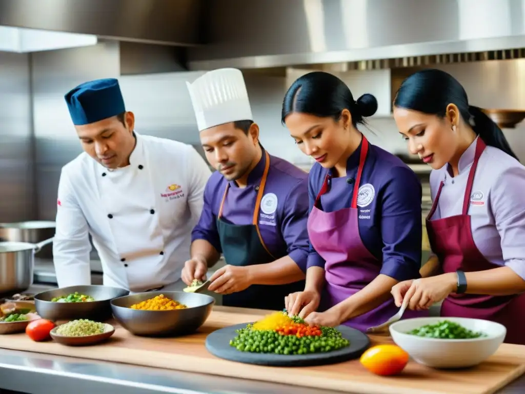 Un equipo de chefs preparando platos peruanos en una cocina profesional, rodeados de ingredientes vibrantes