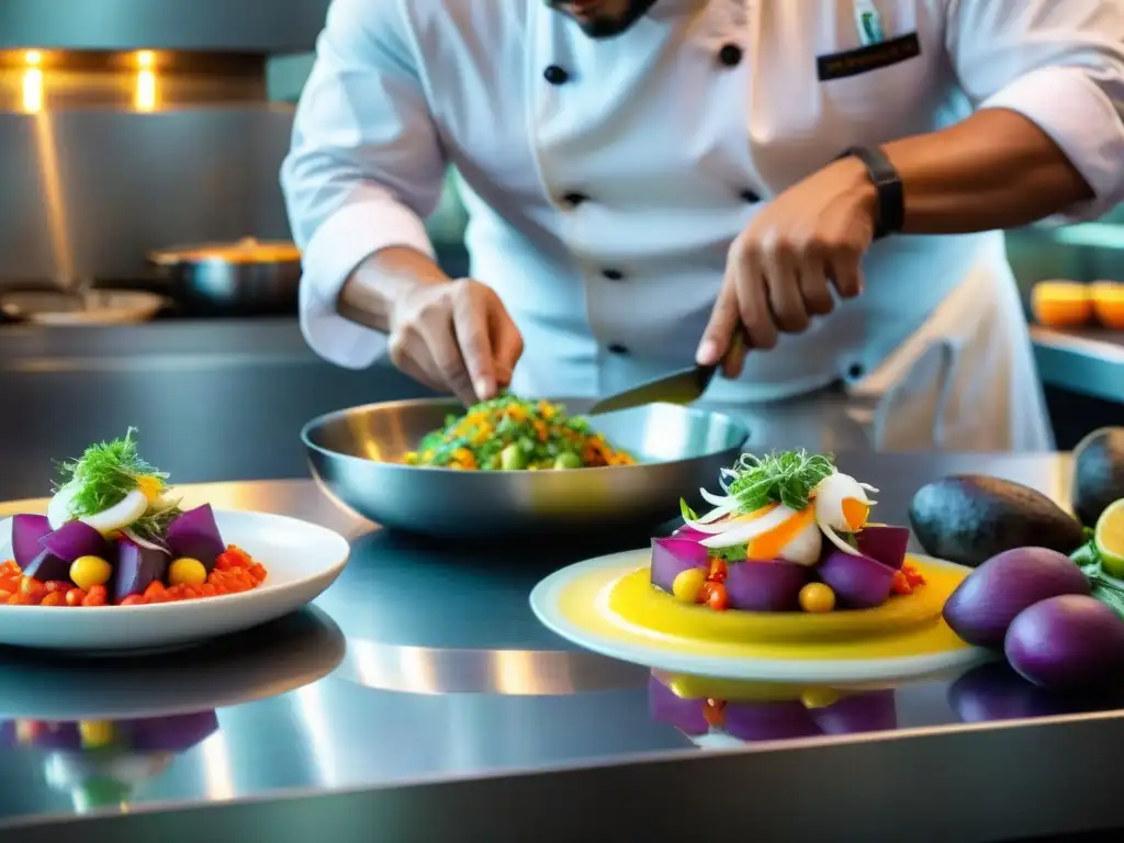 Un equipo de chefs preparando sabores innovadores en una cocina limeña, con ceviche y causa limena