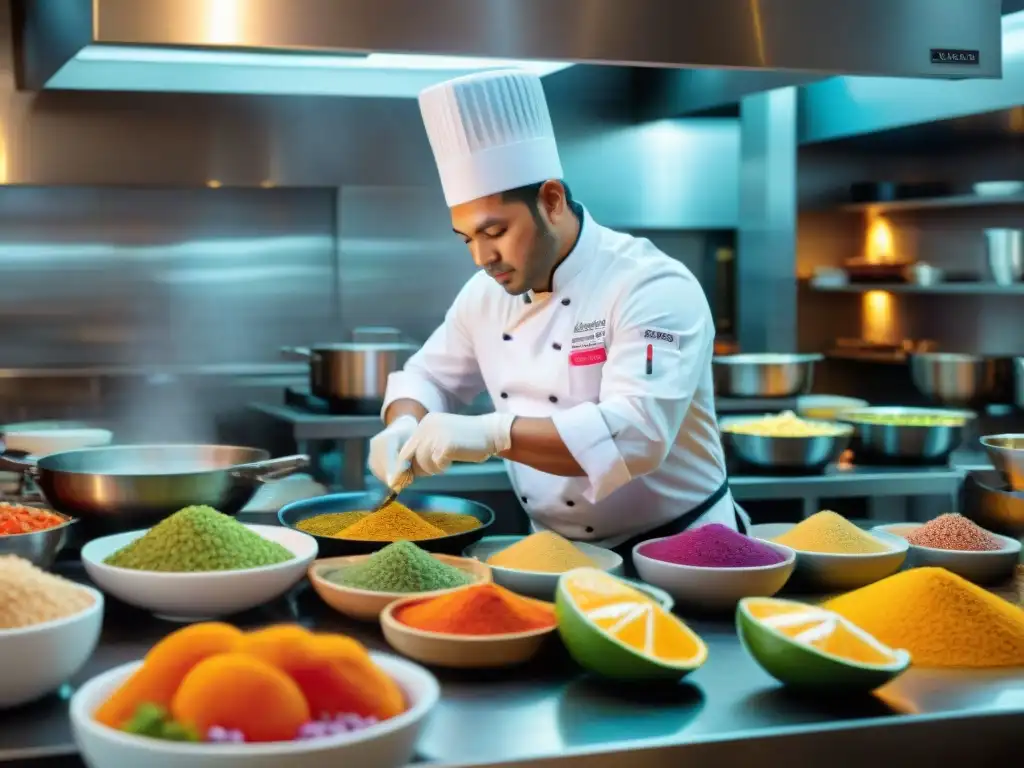 Un equipo diverso de chefs en armonía creando exquisitos platos de fusión peruana