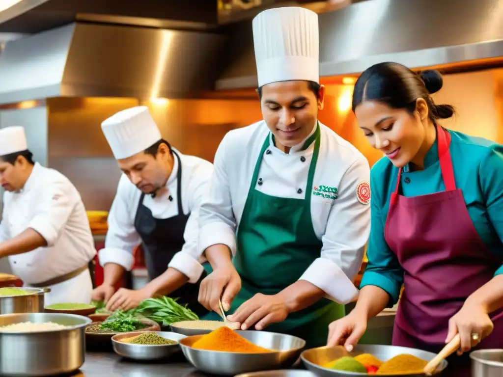 Un equipo diverso de chefs en una cocina peruana bulliciosa, reflejando la inclusión social en la gastronomía peruana