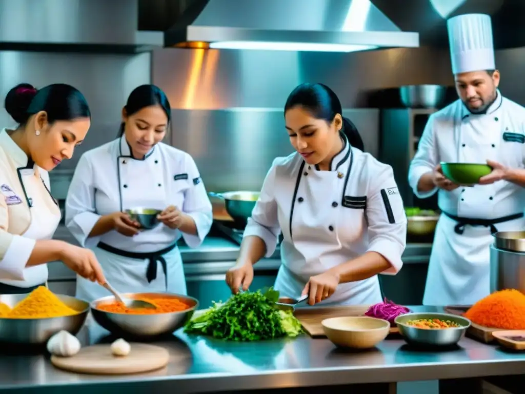 Un equipo diverso de chefs con discapacidades preparando platos peruanos en una cocina vibrante