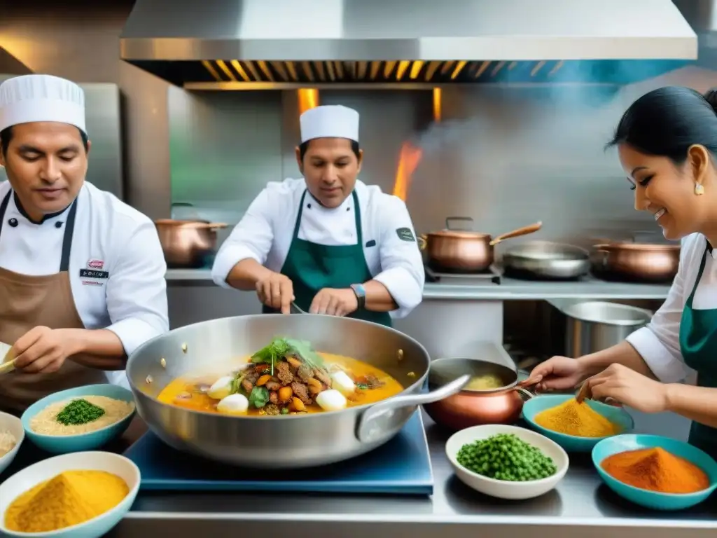 Un equipo diverso de chefs peruanos preparando platos tradicionales juntos, reflejando la gastronomía inclusiva en Perú