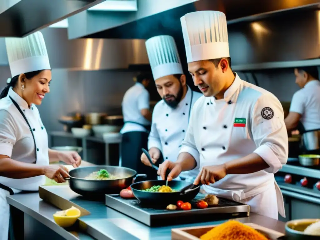 Un equipo diverso de chefs preparando platos peruanos con un toque moderno, reflejando éxito inclusión social gastronomía peruana