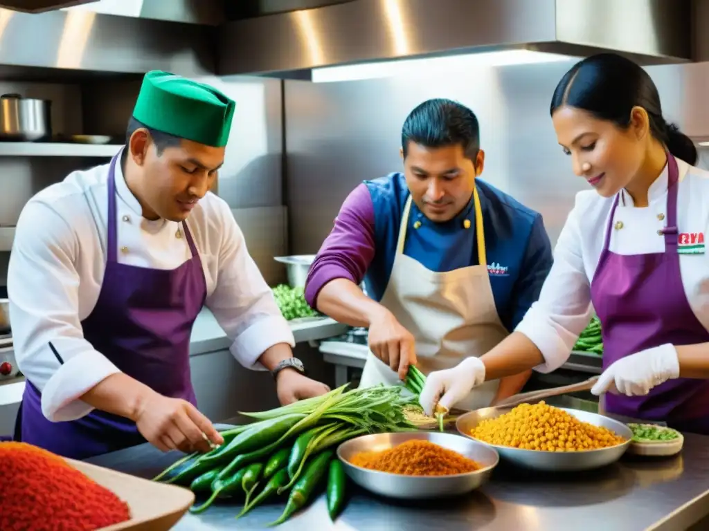 Un equipo diverso de migrantes prepara platos peruanos en una cocina bulliciosa, mostrando el impacto de la cocina peruana en migrantes