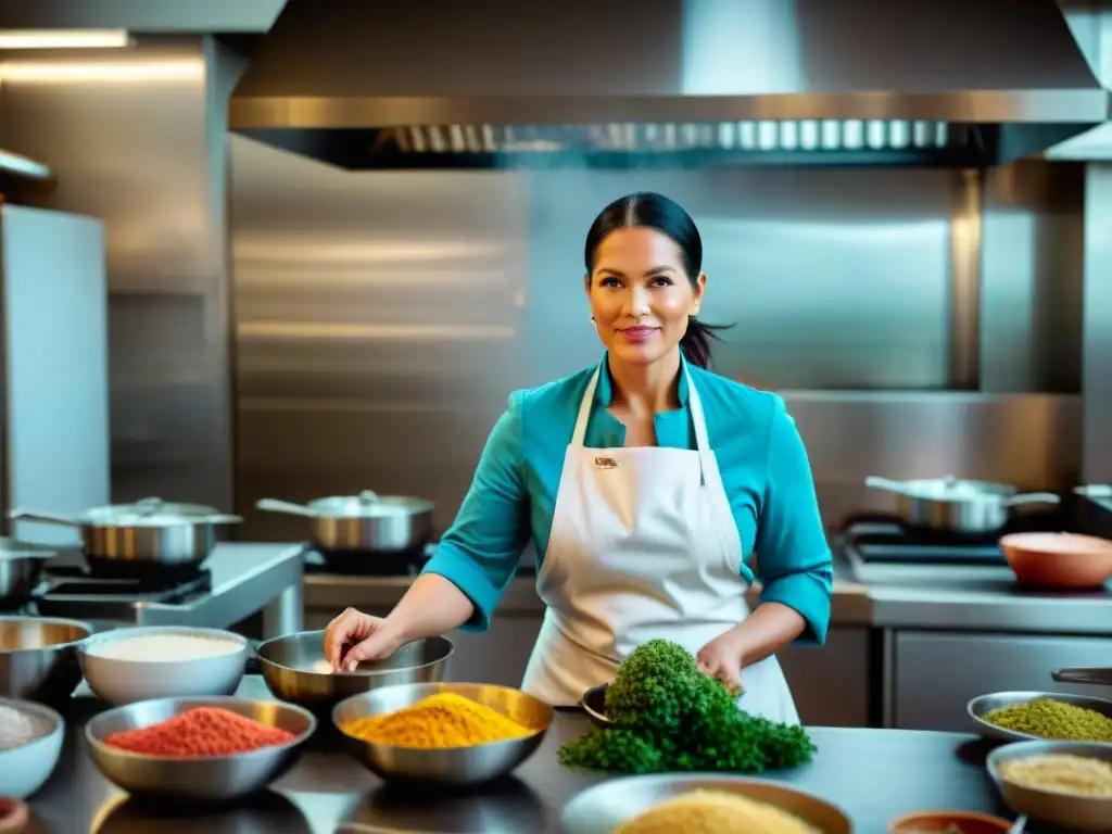 Equipo diverso de mujeres chef en cocina peruana, lideradas por Arlette Eulert, transmitiendo determinación y pasión culinaria