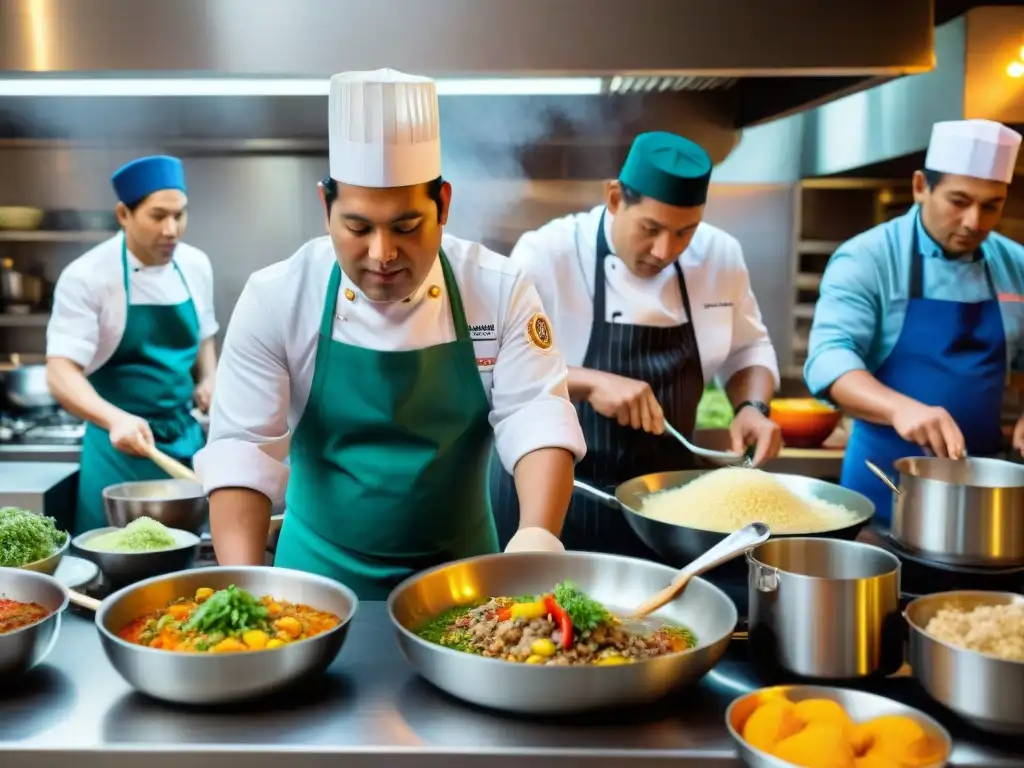 Un equipo diverso cocina platos peruanos con un toque moderno, mostrando inclusión social gastronomía Perú