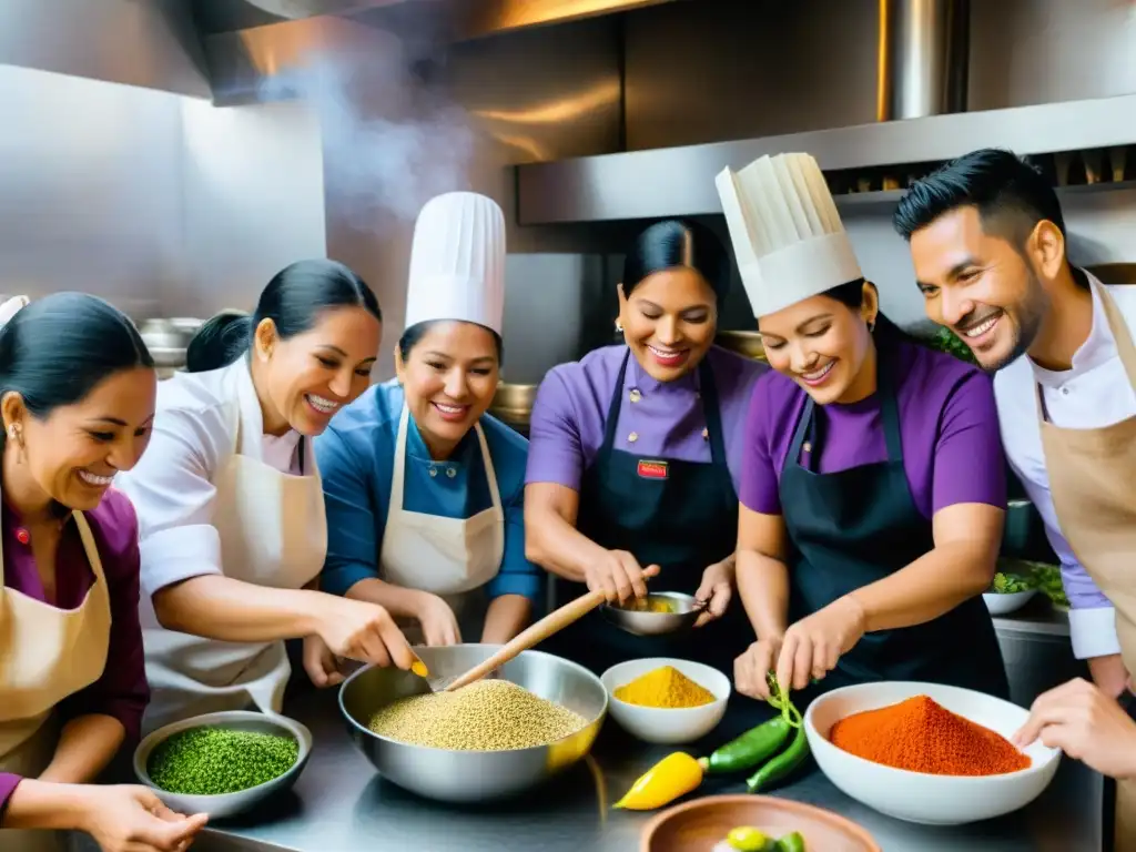 Un equipo diverso y unido en una cocina peruana, resaltando la inclusión social en la gastronomía peruana