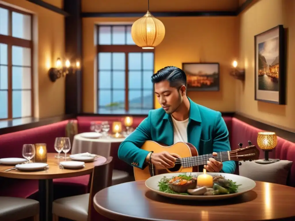 Escena acogedora en un elegante restaurante de Lima, mesa finamente decorada, música tradicional peruana