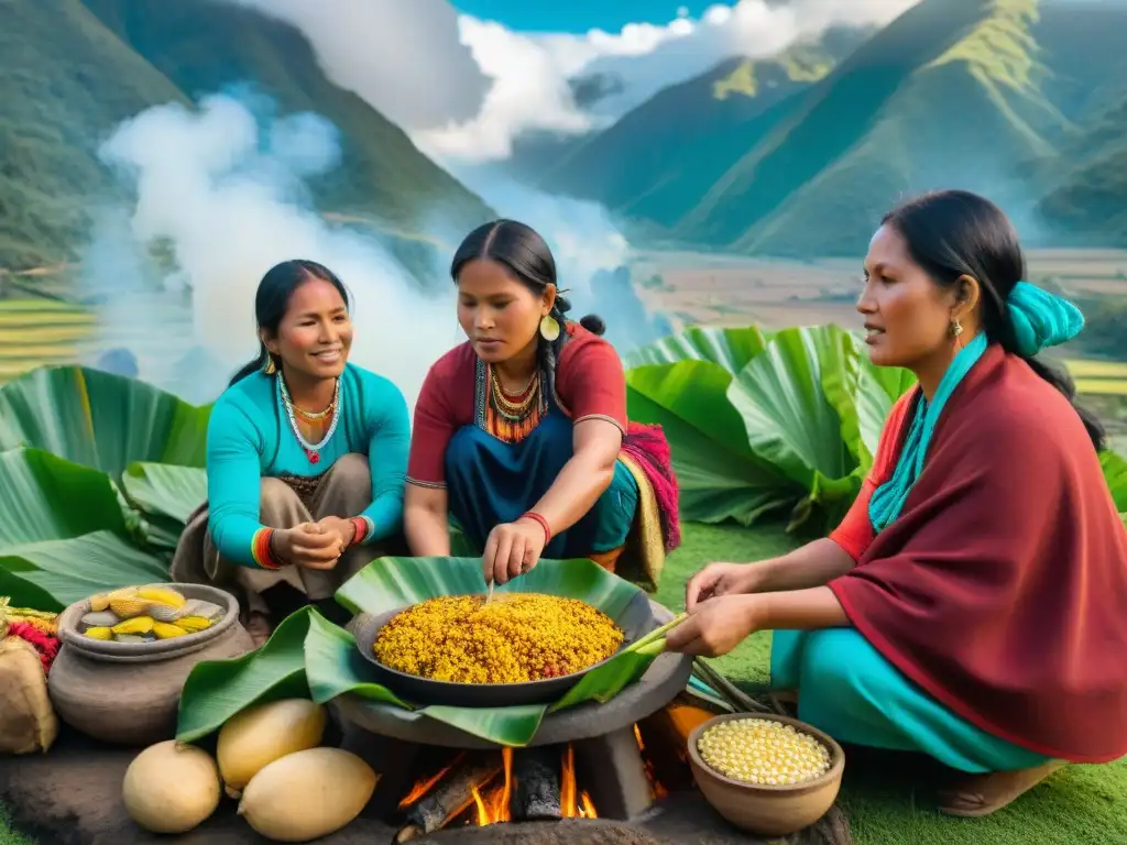 Una escena ancestral de mujeres indígenas peruanas preparando un ritual culinario pachamanca, rodeadas de naturaleza y tradición