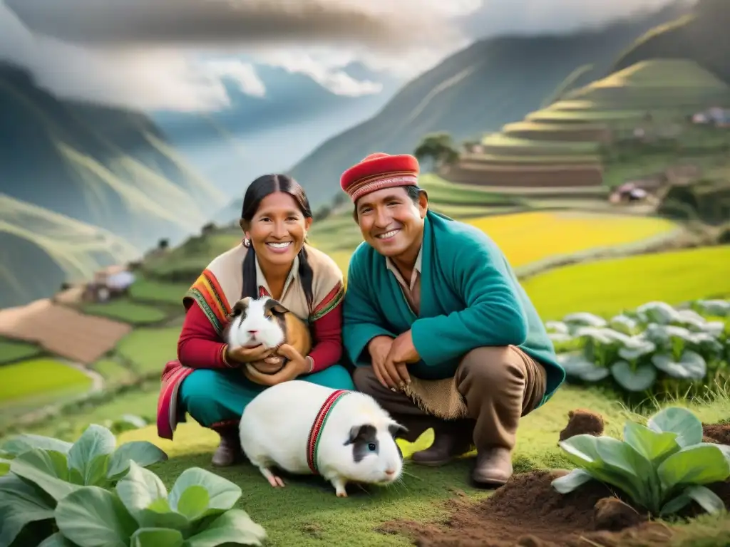 Escena andina: agricultores peruanos alimentando cuyes, resaltando la conexión cultural y los beneficios nutricionales del cuy autóctono