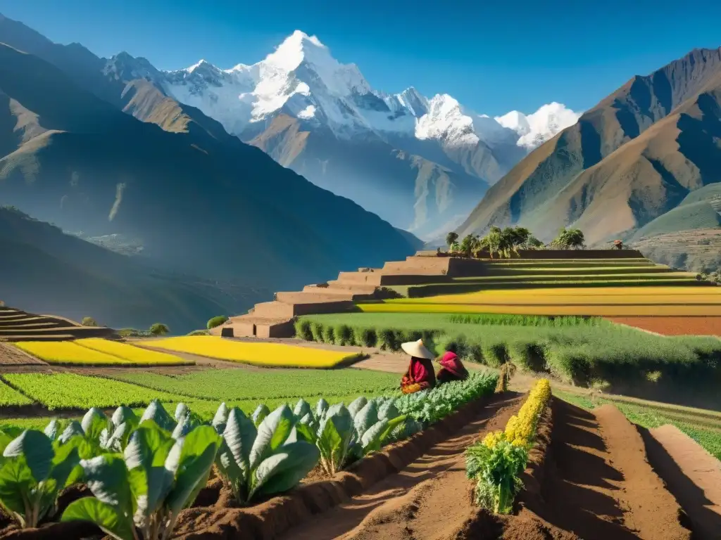 Escena andina con campos de maca, agricultores locales y picos nevados