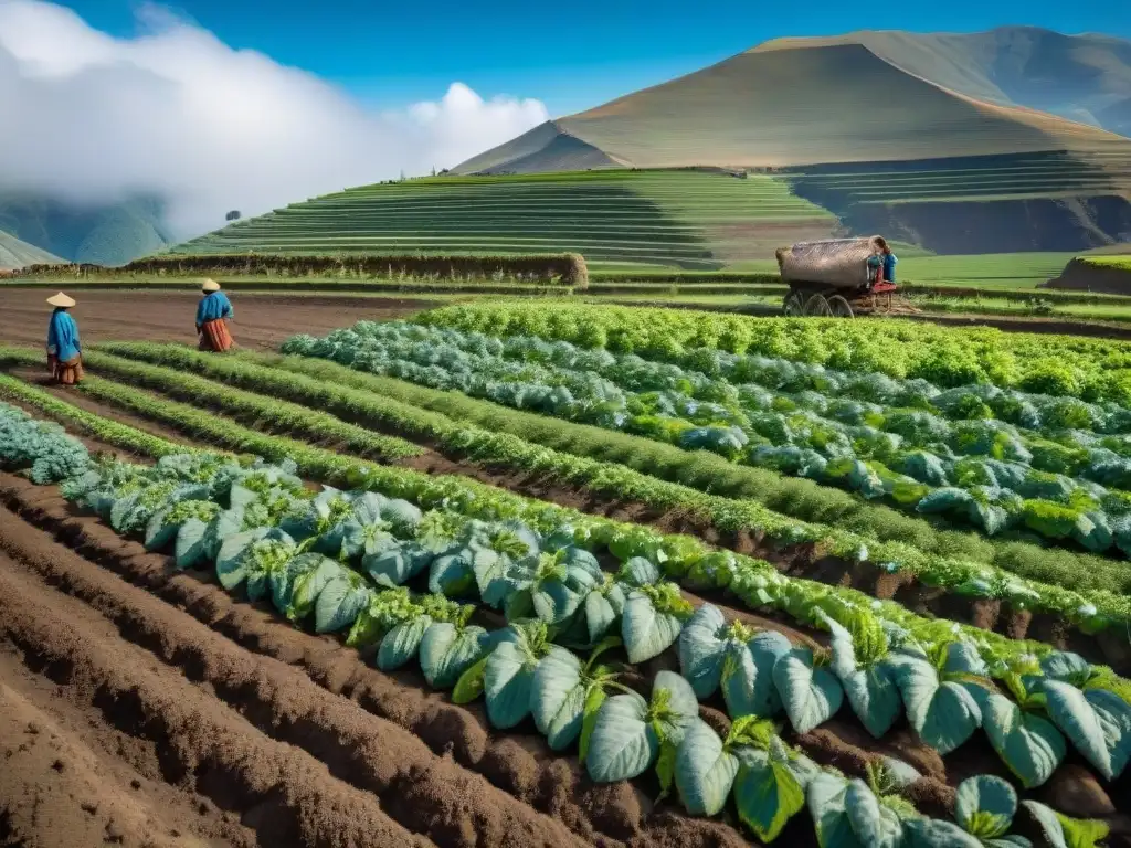 Escena andina: campos de papas verdes, agricultores cosechando, cielo azul