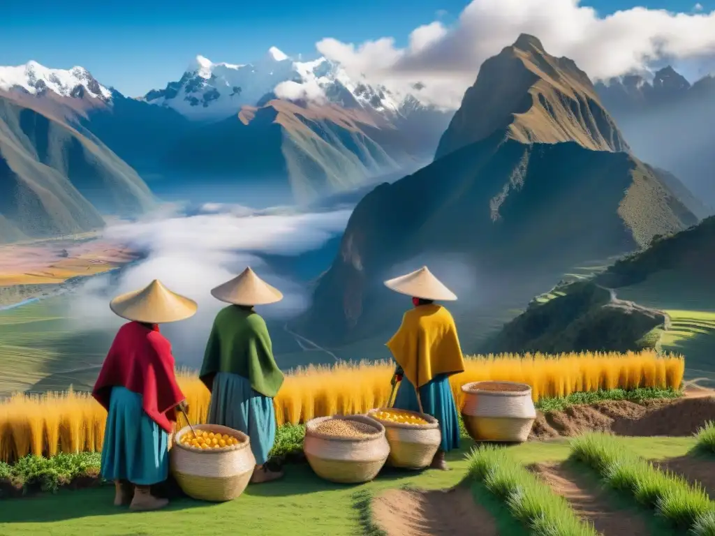 Recolección de kiwicha en los Andes: tradición y superalimento Una escena andina de recolección de kiwicha dorada con granjeros, montañas nevadas y cielo azul