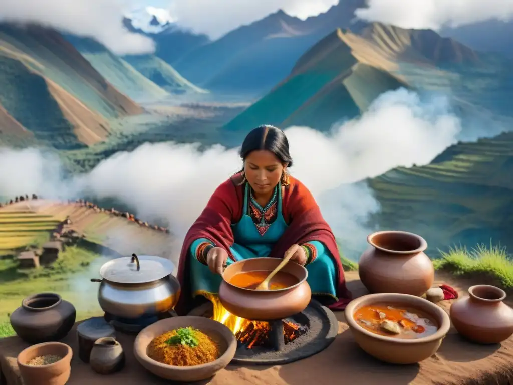 Escena andina: Mujeres indígenas preparan la Sopa ancestral Saralawa en cocina tradicional, con vista a los Andes neblinosos