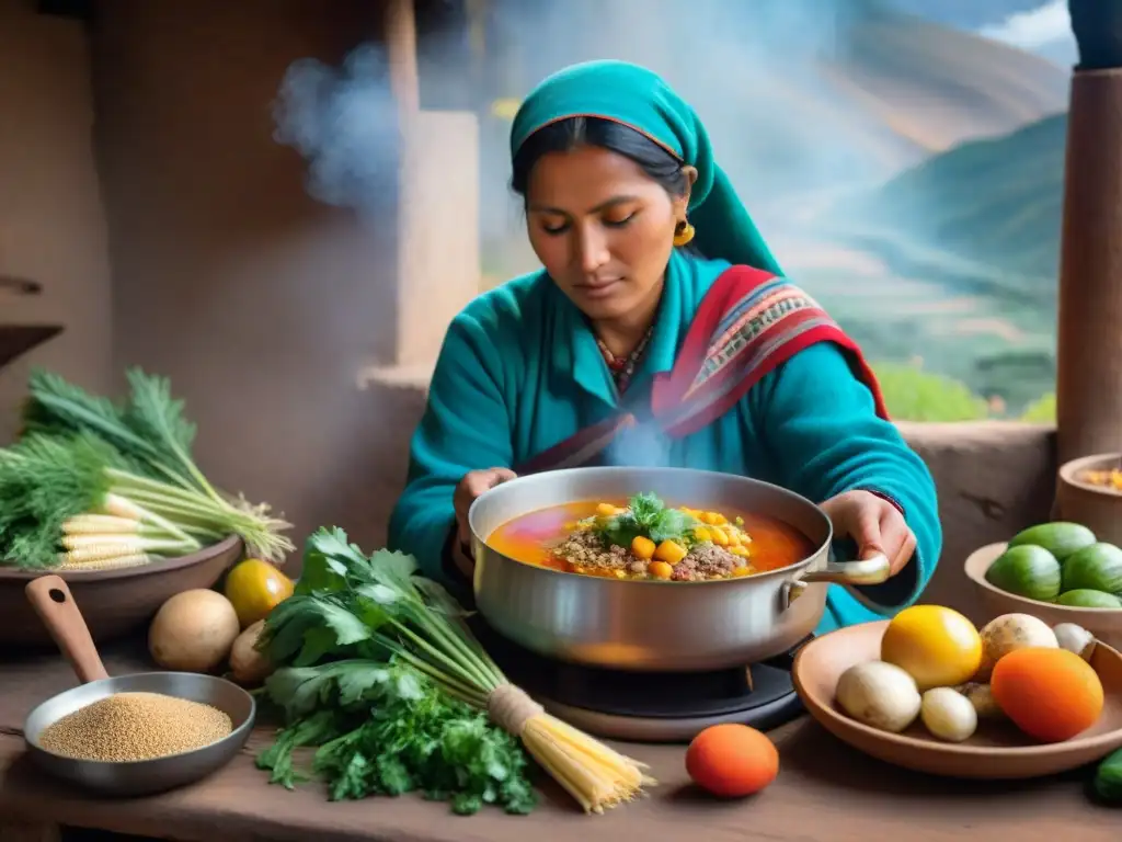 Una escena andina tradicional: una mujer local remueve una olla de Sopa de quinua andina completa en una cocina rústica de adobe