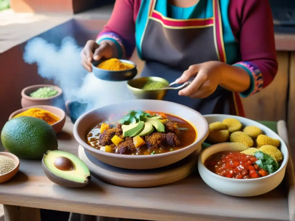 Una escena andina tradicional con una Sopa de quinua andina completa y coloridos ingredientes frescos