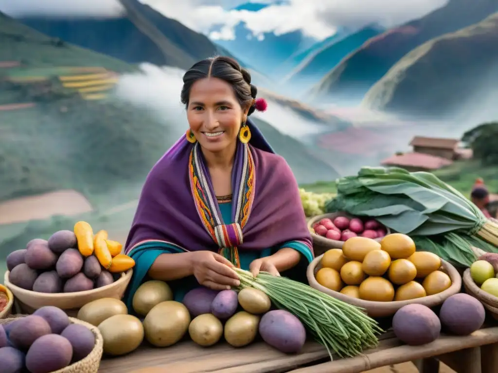 Una escena andina vibrante en un mercado, con productos locales coloridos y una mujer orgullosa