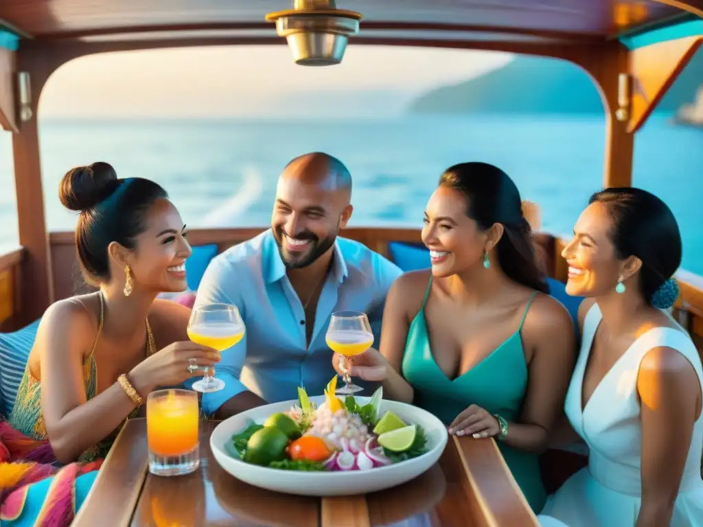 Una escena animada de amigos disfrutando de ceviche tradicional peruano y cócteles de Pisco al atardecer en un barco