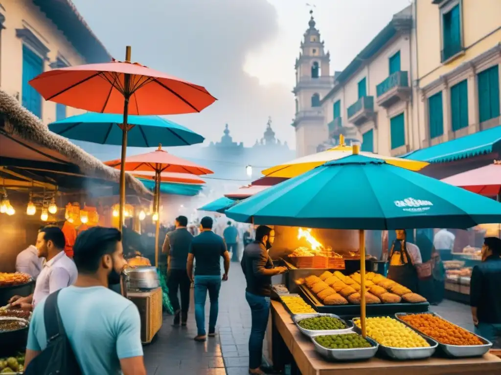 Escena animada de cocina callejera en Lima, Perú, con vendedores y platos tradicionales