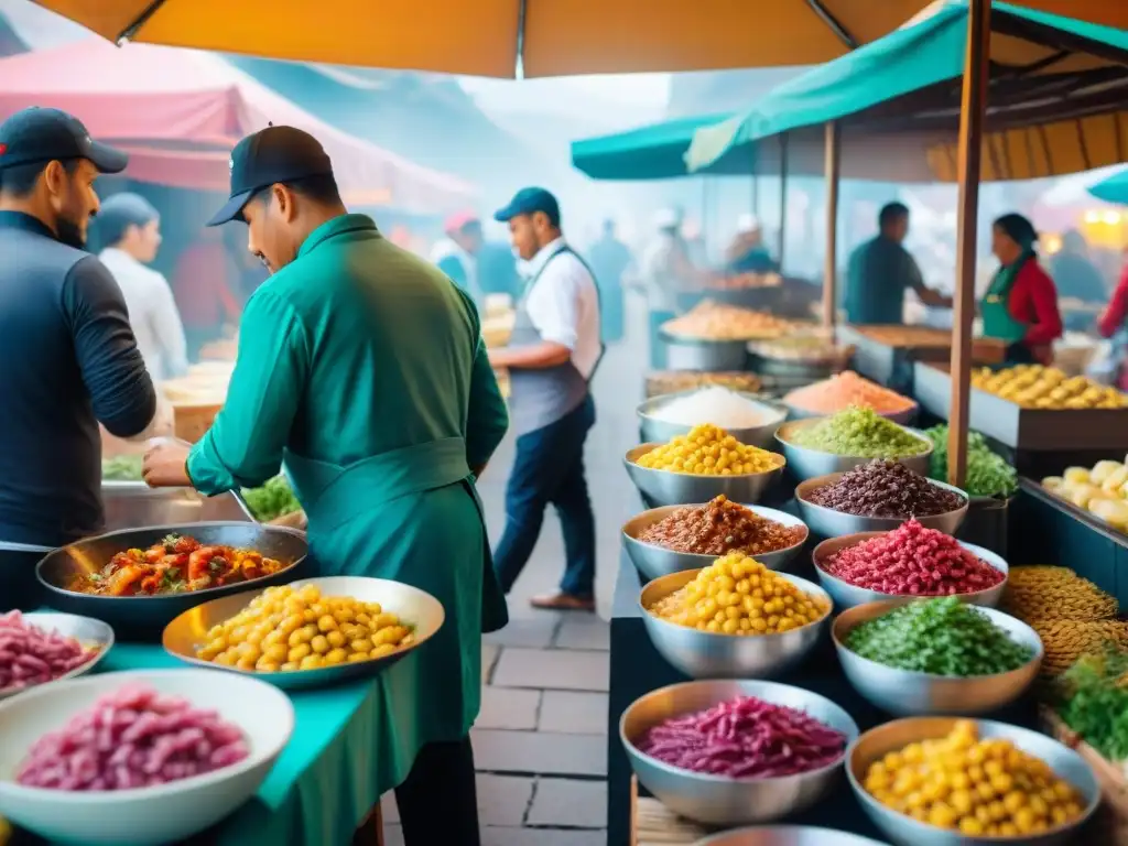 Escena animada de mercado de comida en el extranjero con platos peruanos fusionados, destacando la Gastronomía peruana en el extranjero