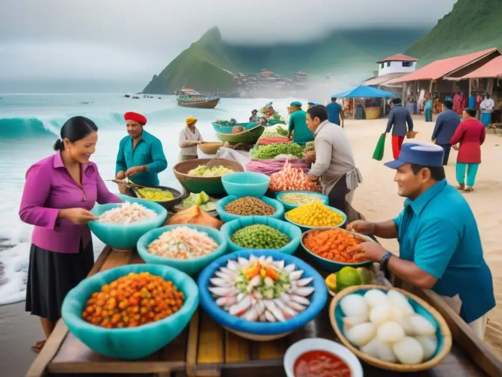 Escena animada de mercado costeño peruano con gastronomía costeña en Perú