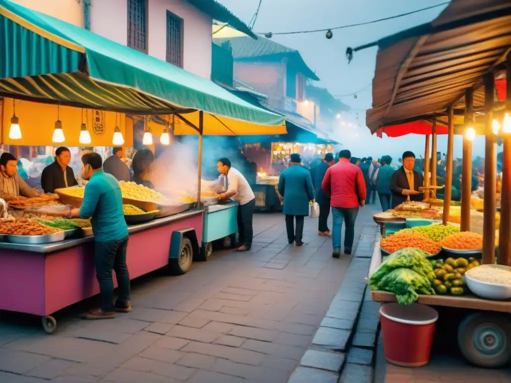 Escena animada de mercado limeño con comida callejera peruana tradicional