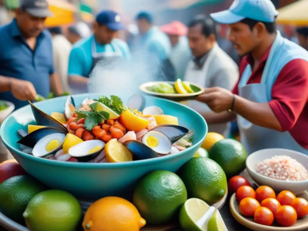 Escena animada de mercado peruano con chef preparando ceviche bajo el sol