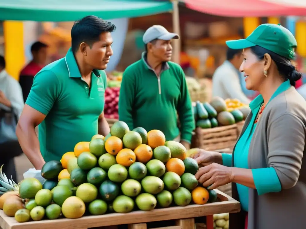 Escena animada de mercado peruano con vendedores de guanábanas verdes y clientes entusiastas, disfrutando del sabor refrescante de esta fruta única