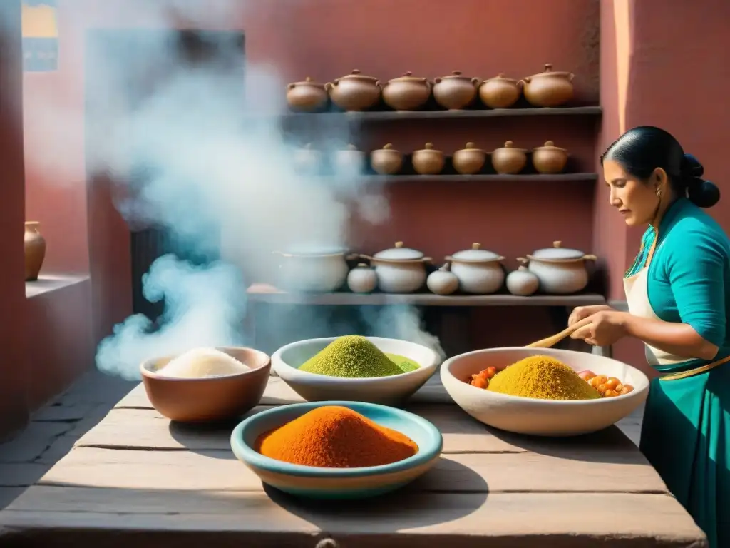 Escena animada de una picantería en Arequipa, resaltando los colores vibrantes de textiles peruanos y la gastronomía peruana picanterías arequipeñas