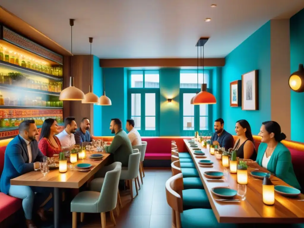 Una escena animada en restaurante de tapas fusión peruana y española, con platos coloridos y ambiente cálido