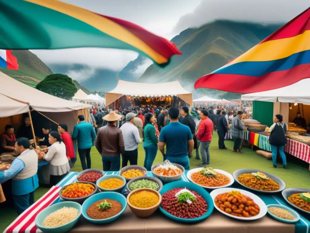 Una escena bulliciosa de festival gastronómico, destacando un vibrante puesto peruano con platos tradicionales peruanos ingredientes autóctonos