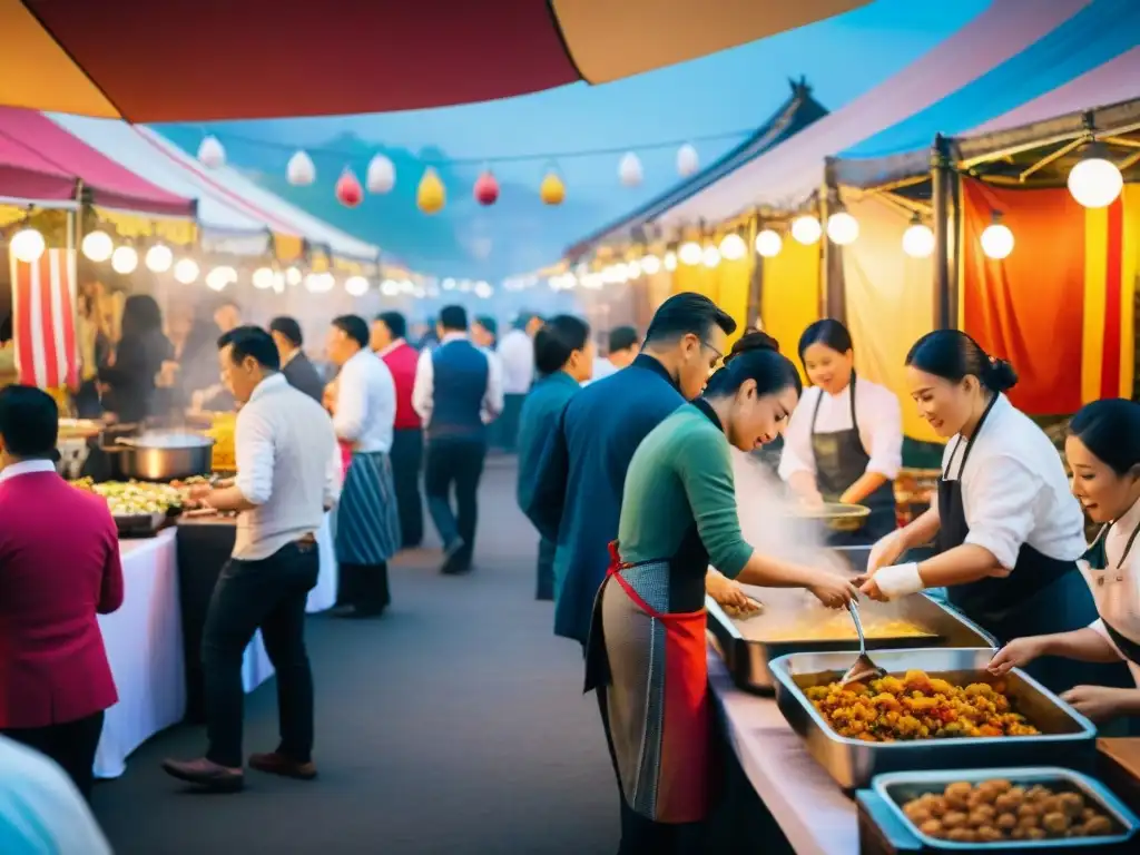 Escena bulliciosa en el Festival Gastronómico Nikkei Lima: puestos de comida, chefs preparando platos y visitantes disfrutando