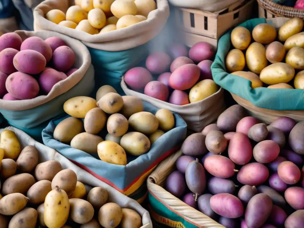 Una escena bulliciosa en un mercado andino, destacando la diversidad de papas andinas y su impacto nutricional