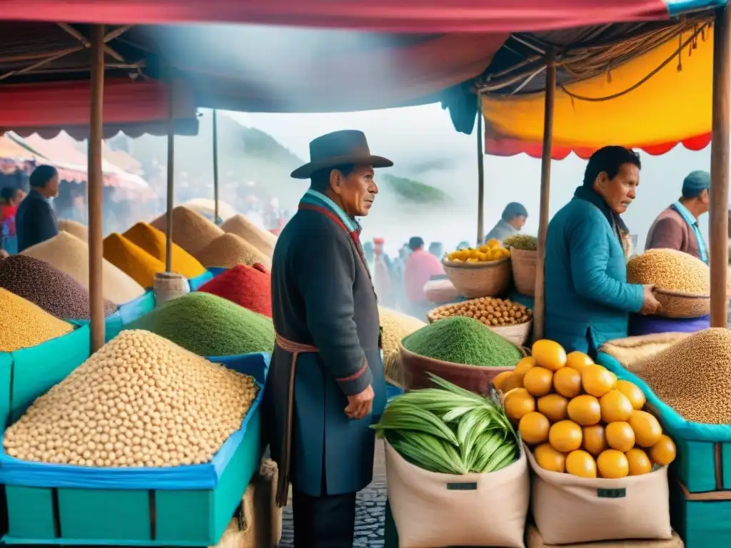 Escena bulliciosa de un mercado peruano con puestos coloridos de ingredientes tradicionales para preparar emoliente, historia receta emoliente peruana