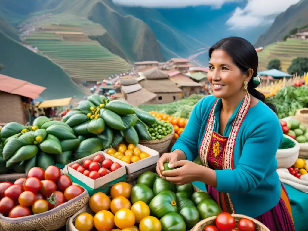 Escena bulliciosa de mercado en Perú con productos orgánicos y agricultores locales en vestimenta tradicional, bajo la luz cálida