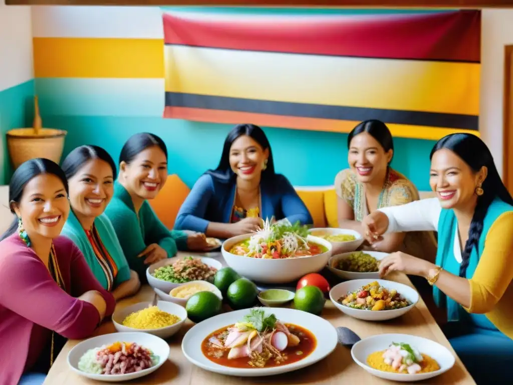 Una escena cálida y acogedora con una mesa llena de platillos peruanos y personas de distintas culturas sonriendo y conversando