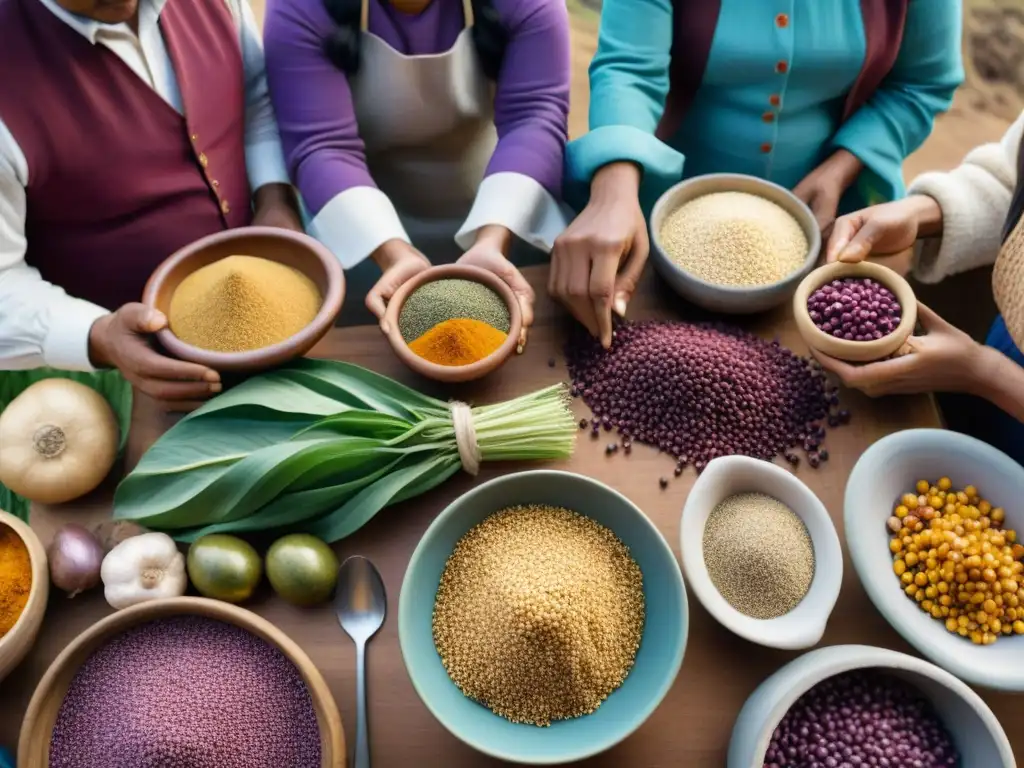 Una escena cálida y colorida de agricultores peruanos compartiendo en una mesa ingredientes locales