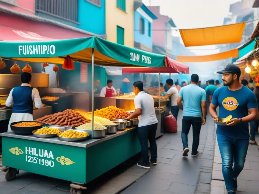 Escena callejera en Lima con puestos de comida y vendedor preparando salchipapas