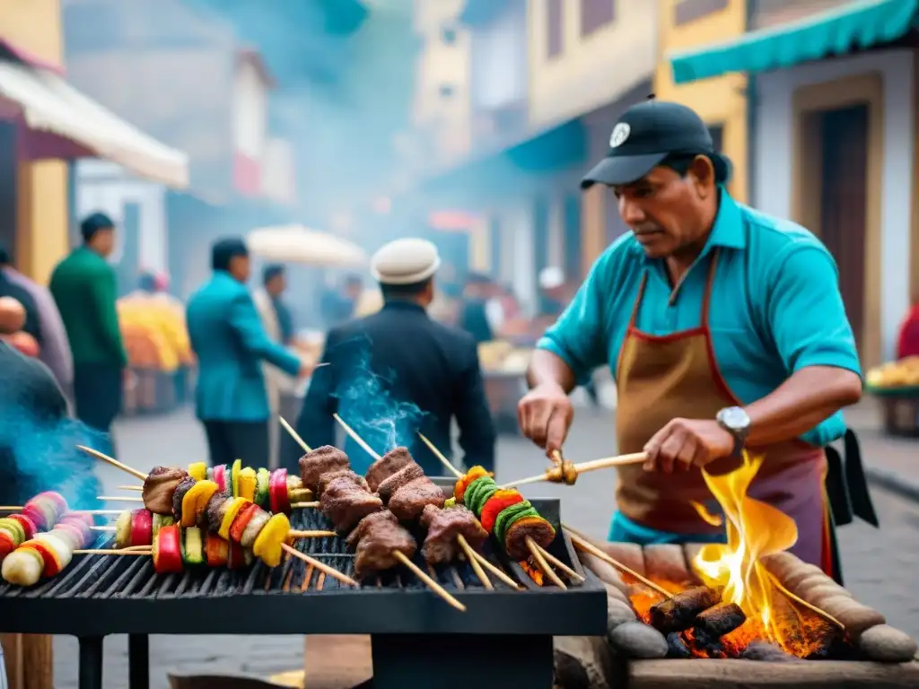 Escena callejera en Lima, Perú, con vendedor de anticuchos y arquitectura colonial