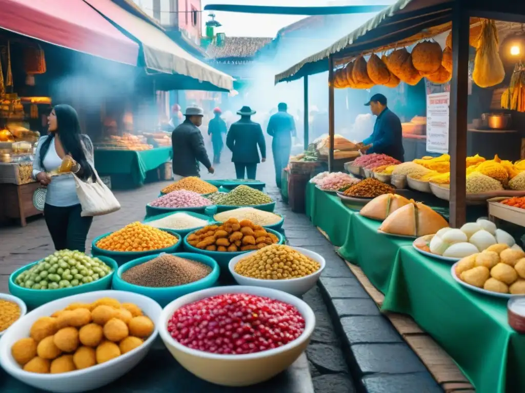 Una escena callejera vibrante en Lima, Perú, mostrando un bullicioso mercado de comida con puestos coloridos vendiendo comida callejera tradicional peruana como anticuchos, ceviche y empanadas