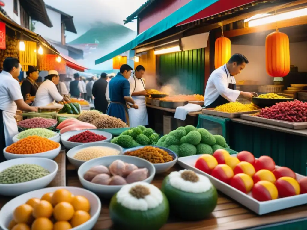 Escena callejera vibrante en Lima, Perú, con influencia japonesa en gastronomía peruana nikkei