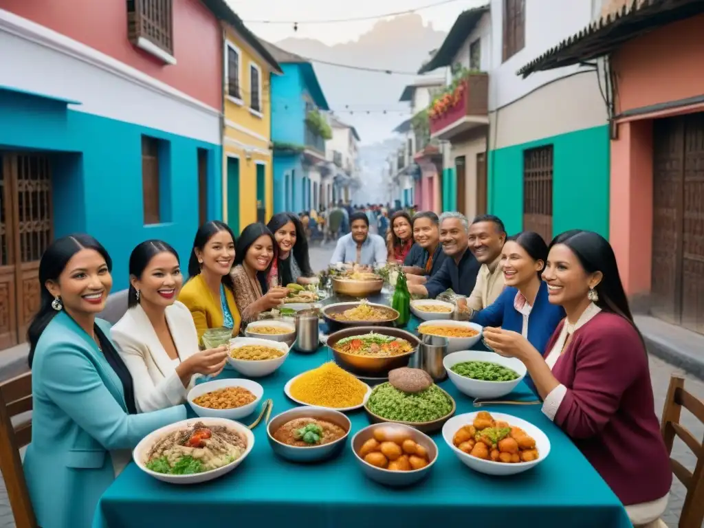 Escena callejera vibrante en Lima, Perú, muestra inclusión social a través de gastronomía peruana