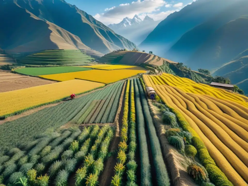 Esencia andina: cosecha tradicional de quinua en Perú Una escena cautivadora de cosecha de quinua en los Andes, resaltando los beneficios de la quinua peruana