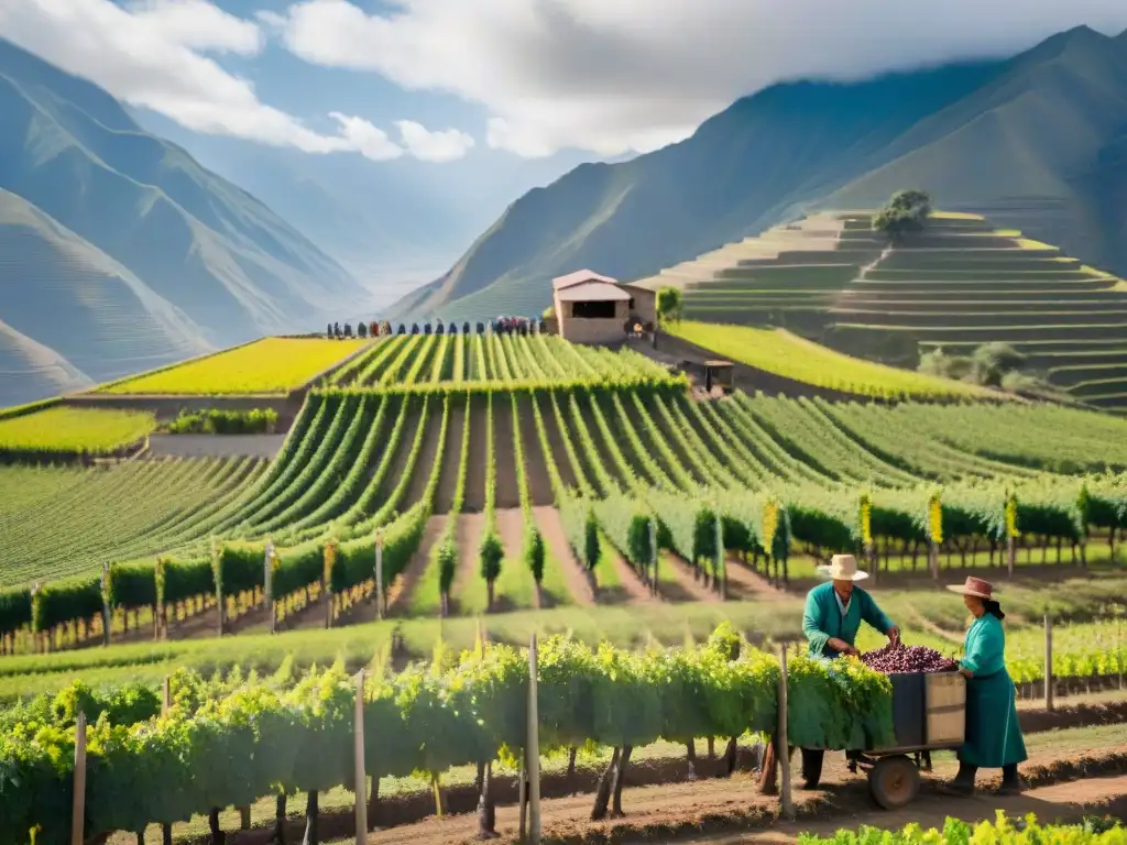 Escena cautivadora de cosecha manual de uvas en bodega peruana