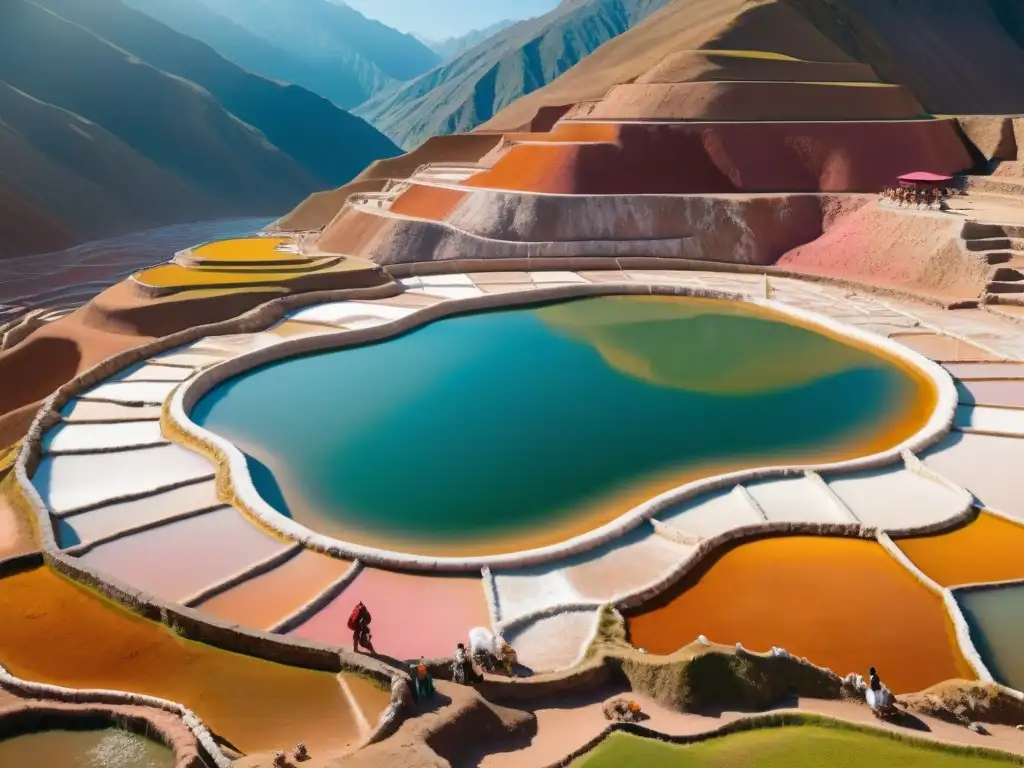 Escena cautivadora de las salinas de Maras en Perú, reflejando colores vibrantes