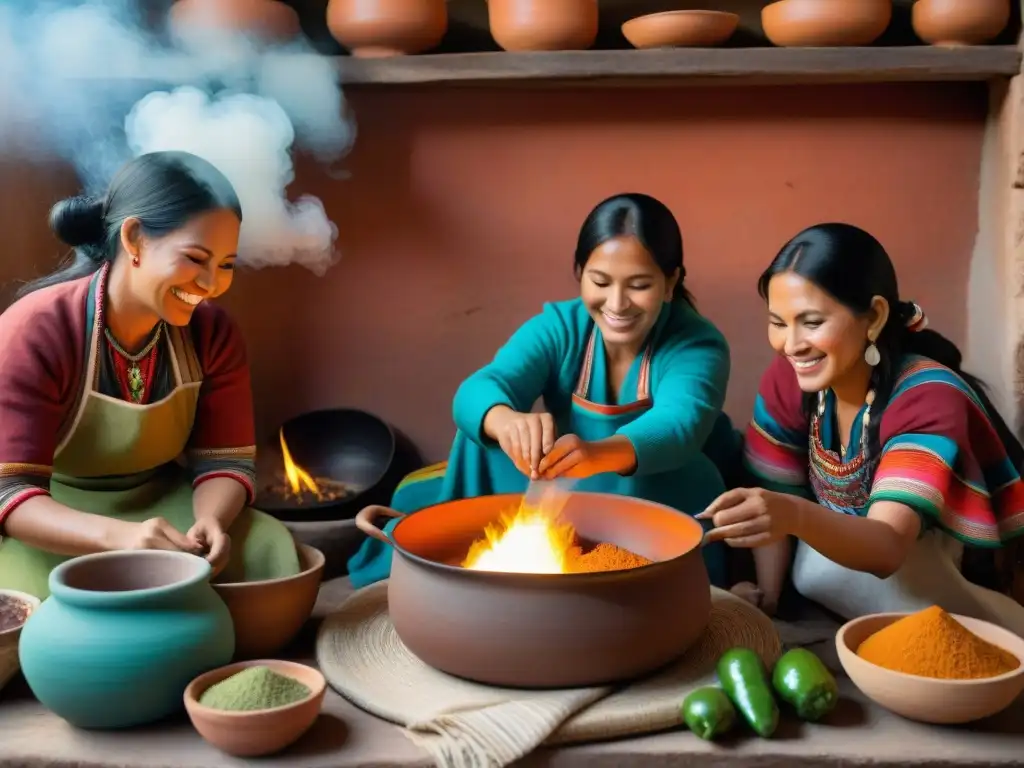 Escena de cocina peruana ancestral con mujeres indígenas cocinando recetas ancestrales gastronomía peruana